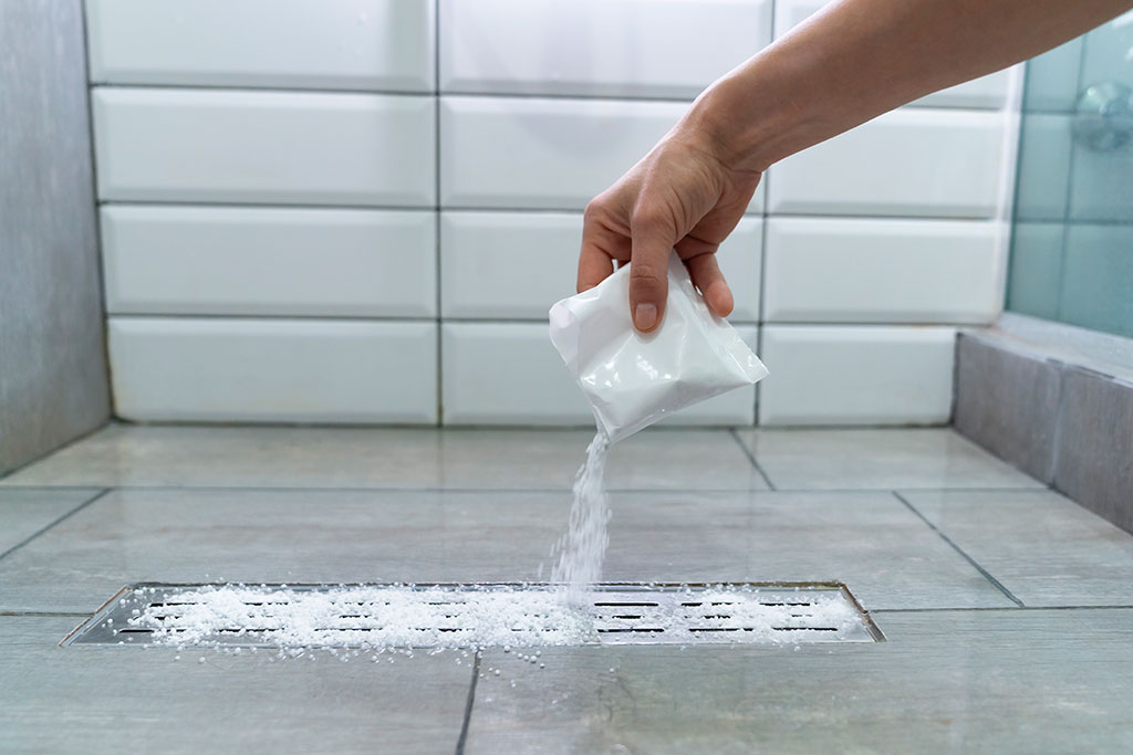 Baking soda being poured down a drain