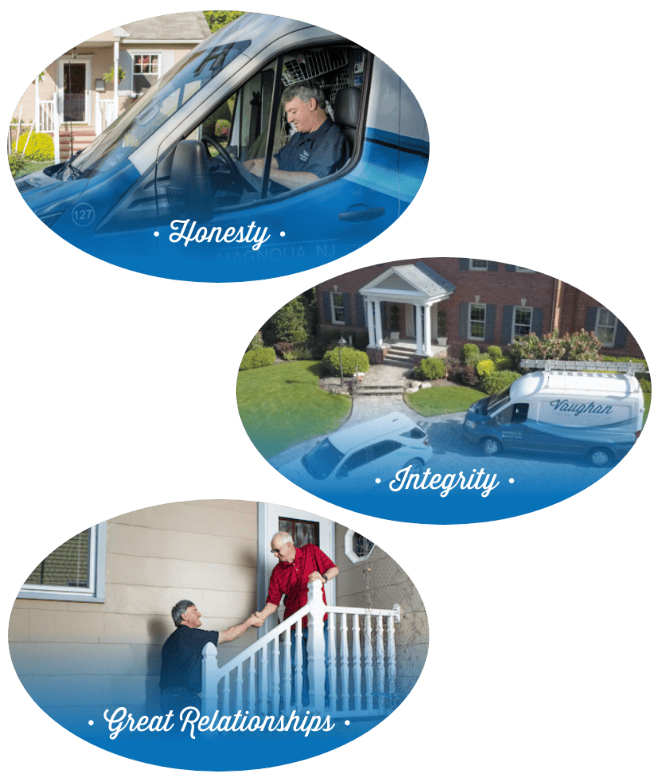 Honesty, integrity, great relationships logos for Vaughan Comfort Services HVAC and plumbing company.