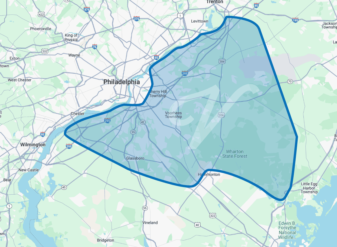 Service area for Vaughan Comfort Services, covering Burlington, Camden, and Gloucester counties.